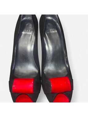 Stuart Weitzman "Puente" Black Suede w/ Patent Red Leather Accent Peep Toe Heels